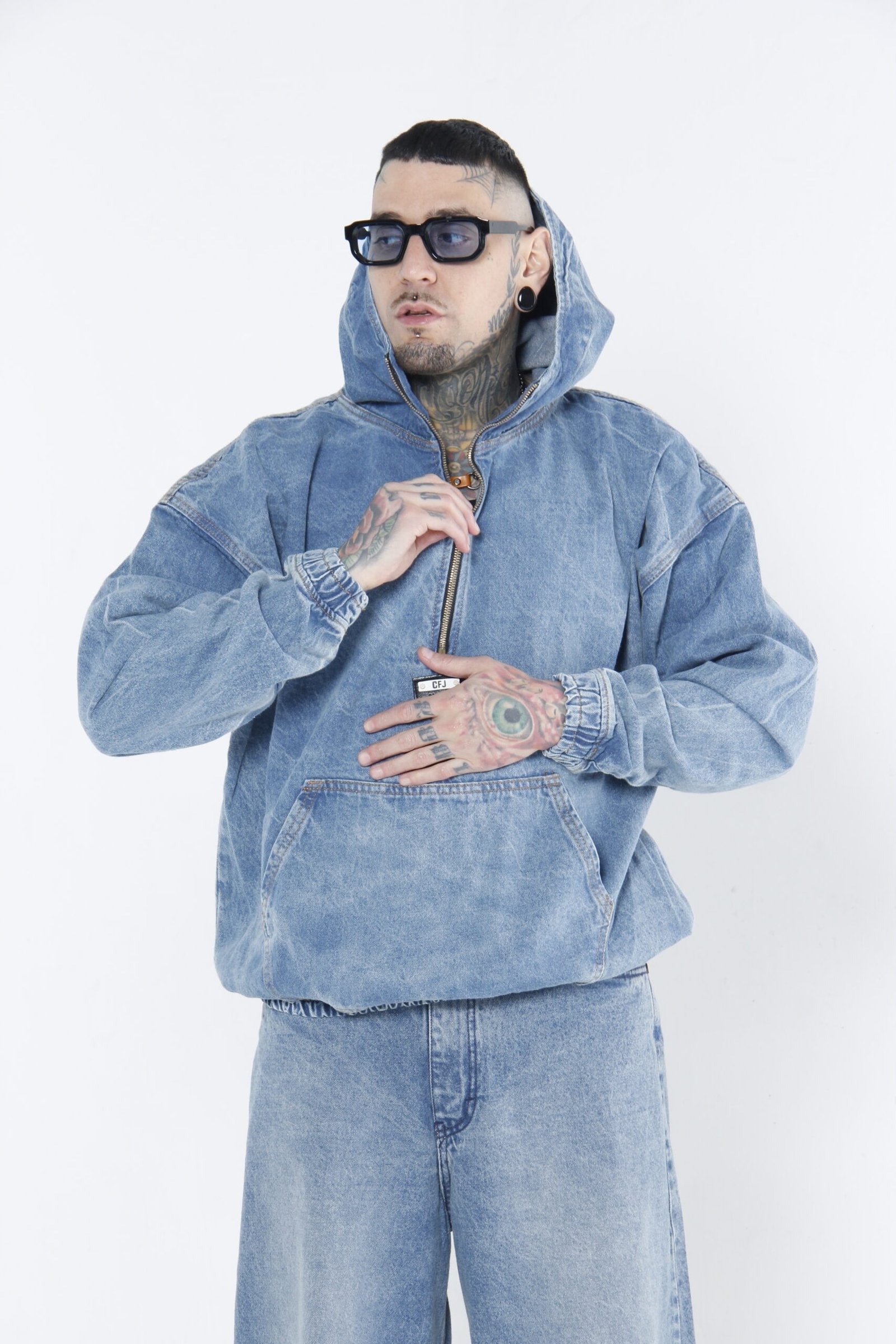 Hoodie Denim Half-Zip - Chamarra Canguro Oversized Azul