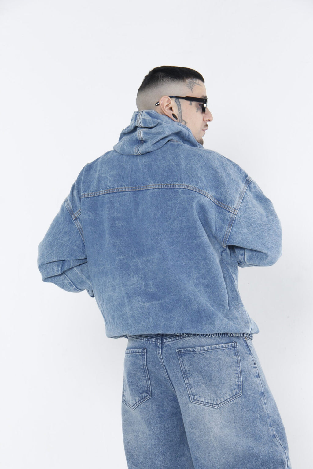 Hoodie Denim Half-Zip - Chamarra Canguro Oversized Azul