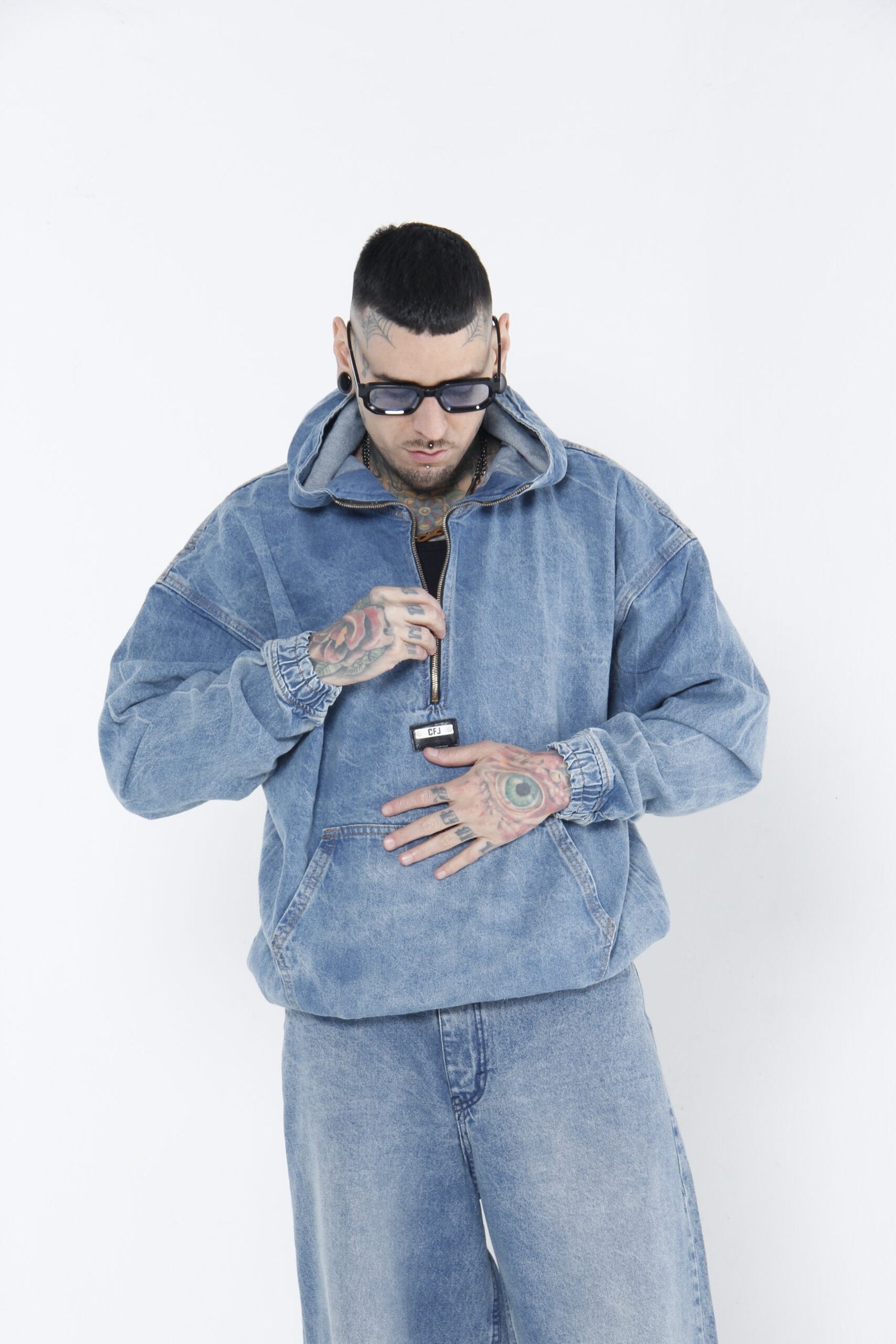 Hoodie Denim Half-Zip - Chamarra Canguro Oversized Azul