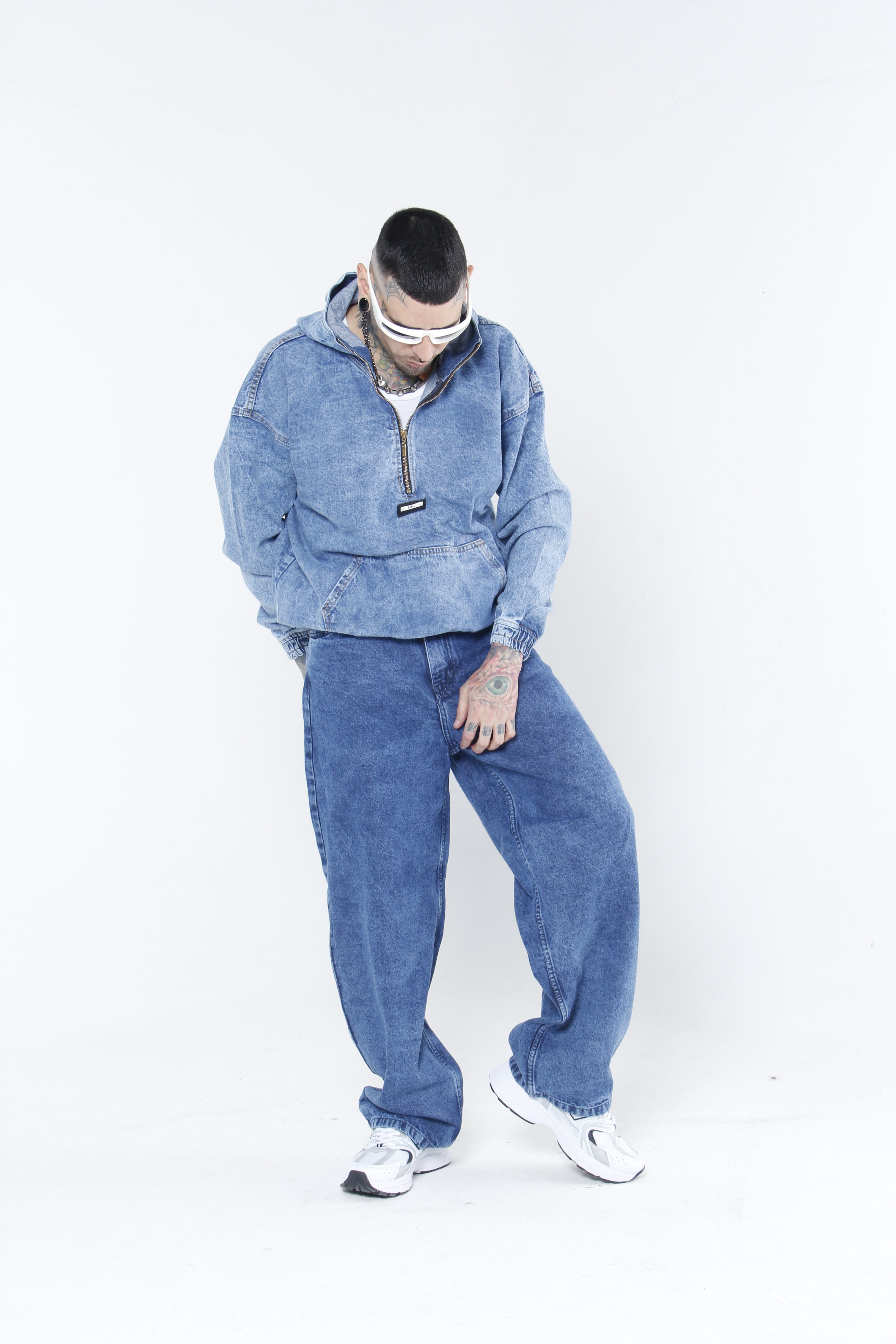 Hoodie Denim Half-Zip - Chamarra Canguro Oversized Azul