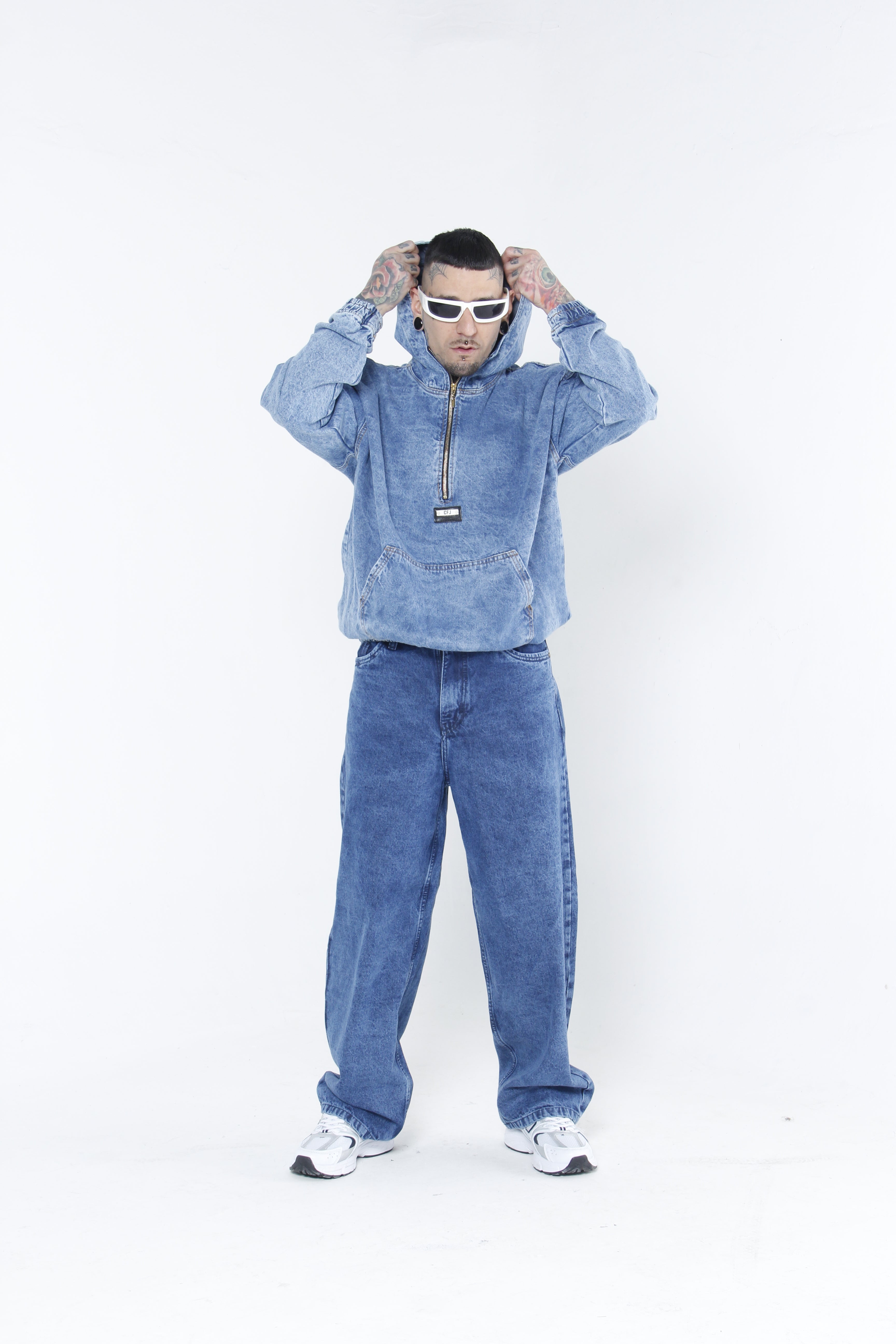 Hoodie Denim Half-Zip - Chamarra Canguro Oversized Azul