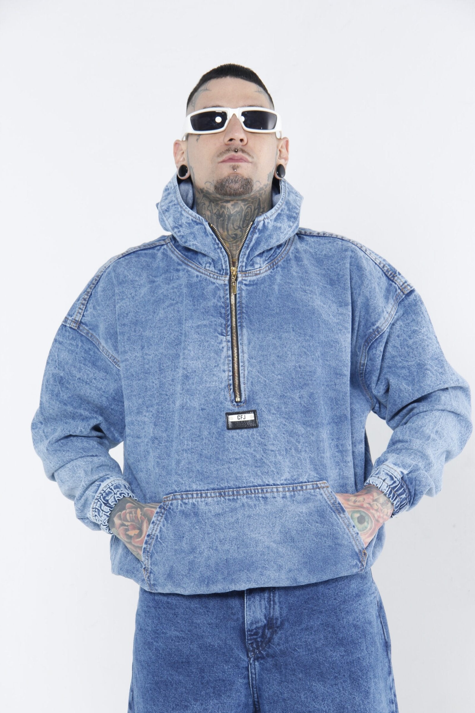Hoodie Denim Half-Zip - Chamarra Canguro Oversized Azul