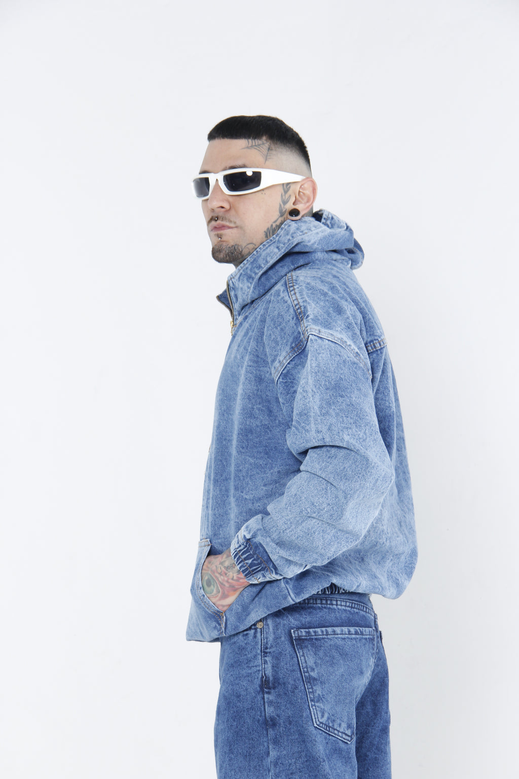 Hoodie Denim Half-Zip - Chamarra Canguro Oversized Azul