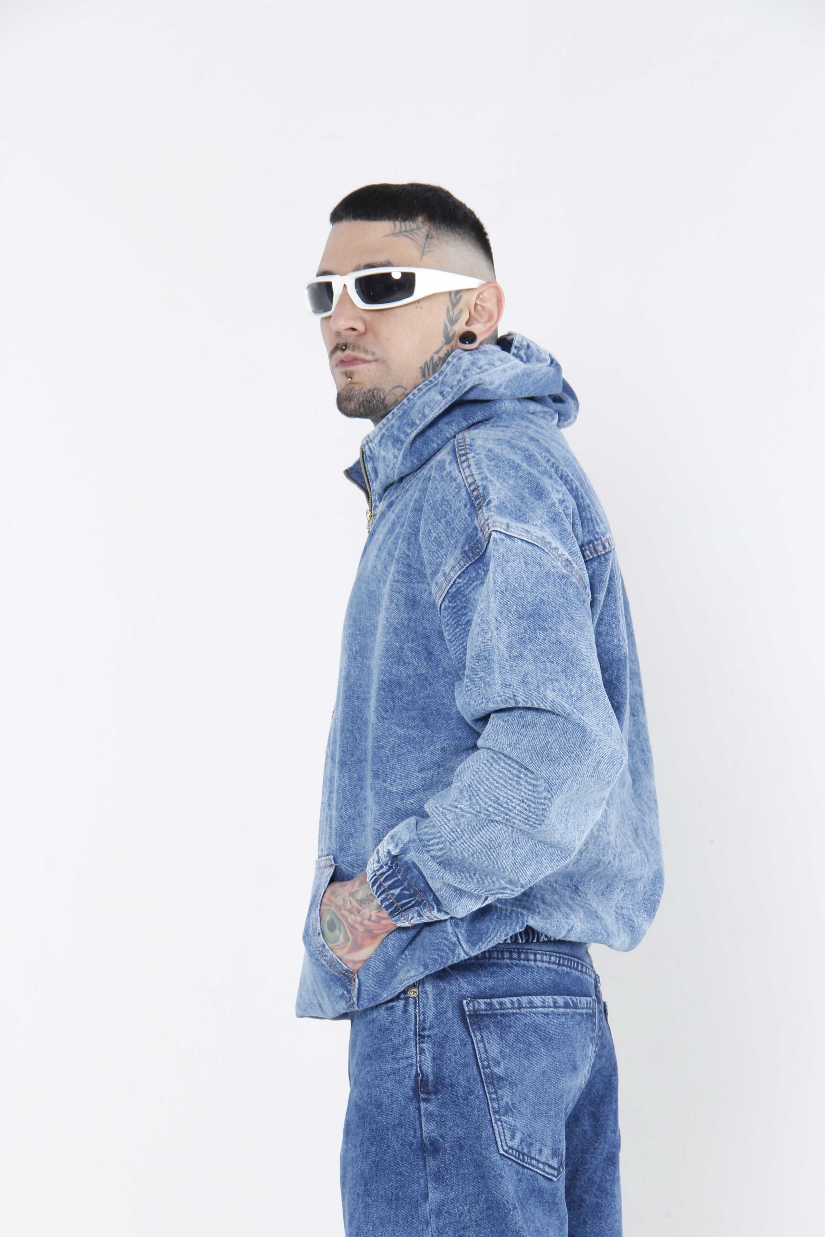 Hoodie Denim Half-Zip - Chamarra Canguro Oversized Azul