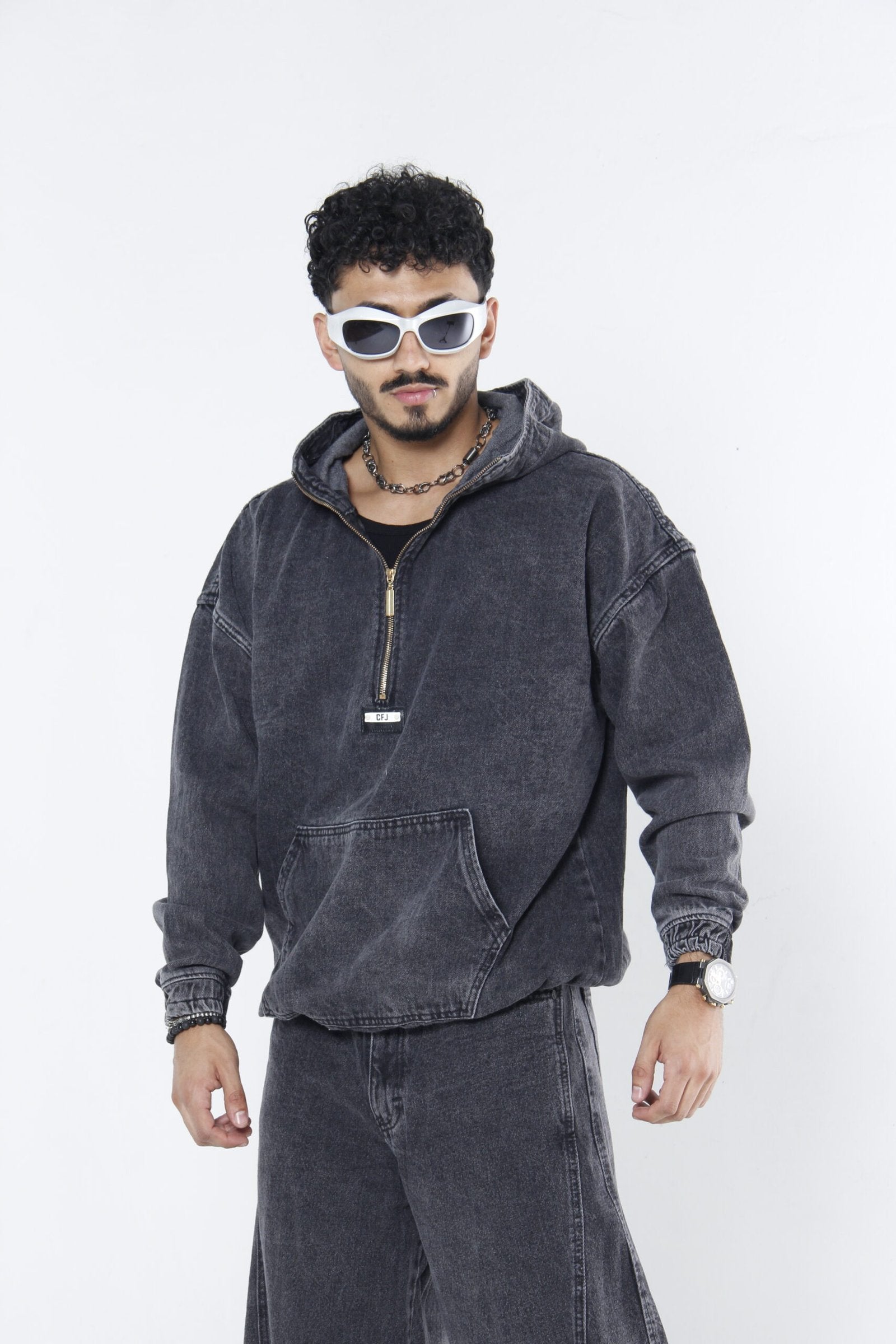 Hoodie Denim Half-Zip   - Chamarra Canguro Oversized Negro y Gris Oscuro