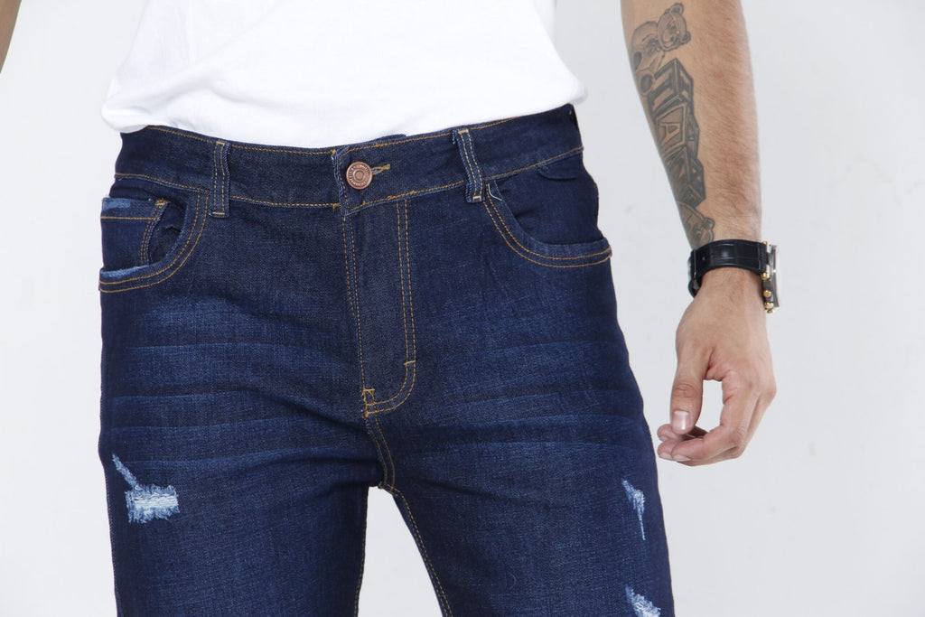 Jeans Hombre Slim Fit Tono Azul Industrial - Tela Stretch con Micro-Roturas