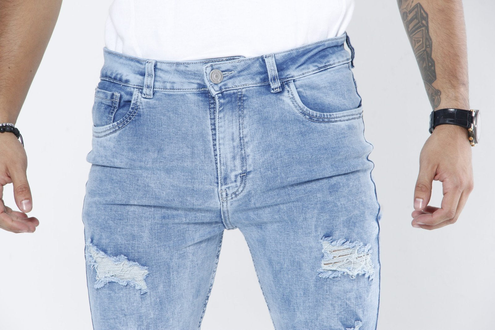 Jeans Hombre Slim Fit Tono Hielo - Rotos (Ripped)