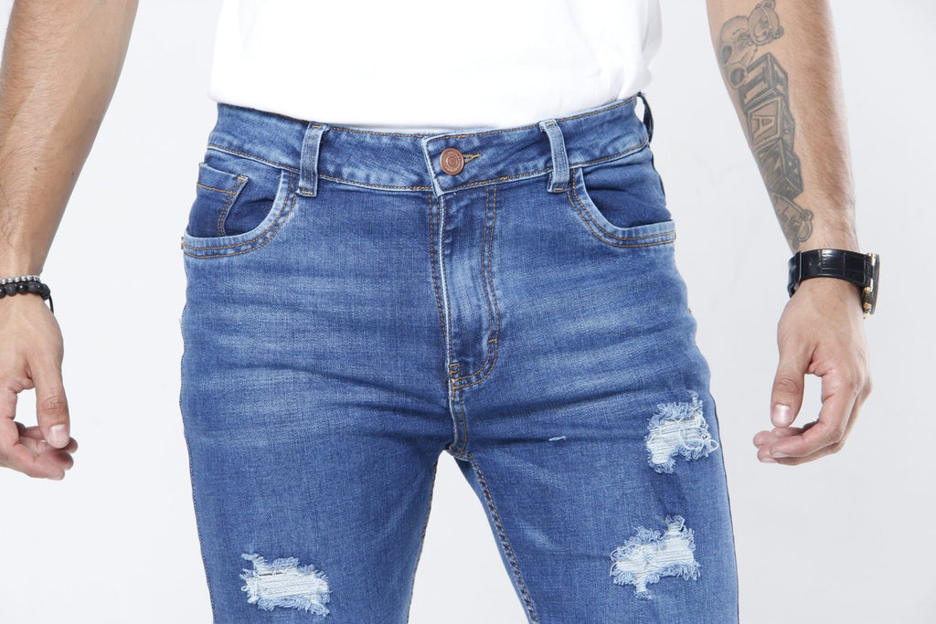 Jeans Hombre Slim Fit Tono Azul Stone - Tela Stretch con Micro-Roturas