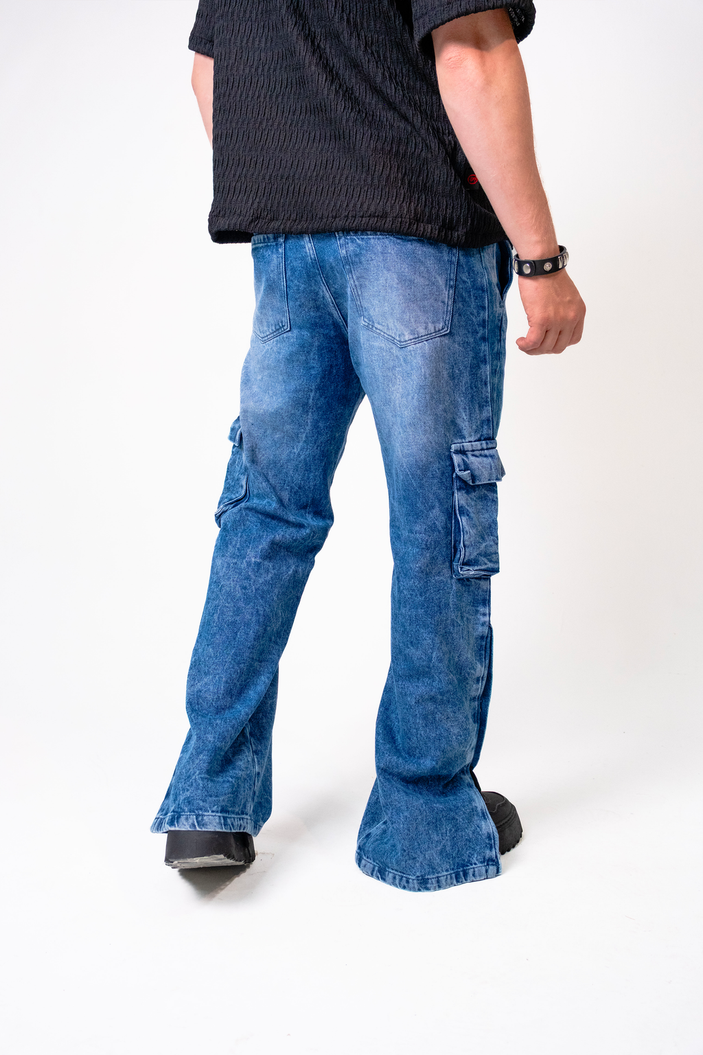 Jean Cargo para Hombre con Botones Laterales - Pantalón Denim Azul Lavado Baggy Estilo Urbano