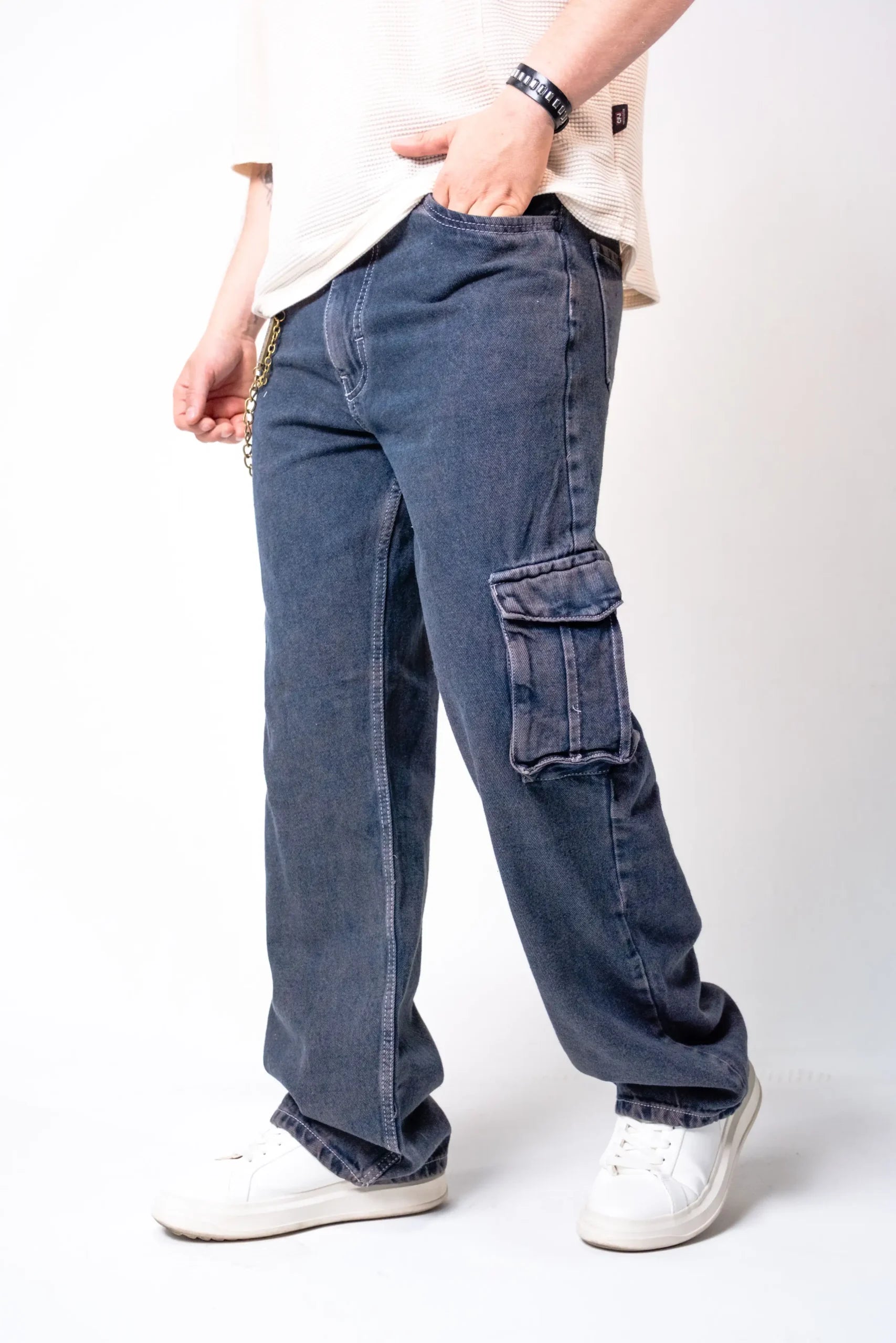 Pantalón Cargo Denim Azul Petroleo
