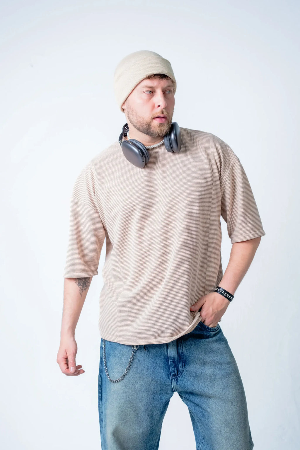 Camiseta Oversize Beige Texturizada Waffle