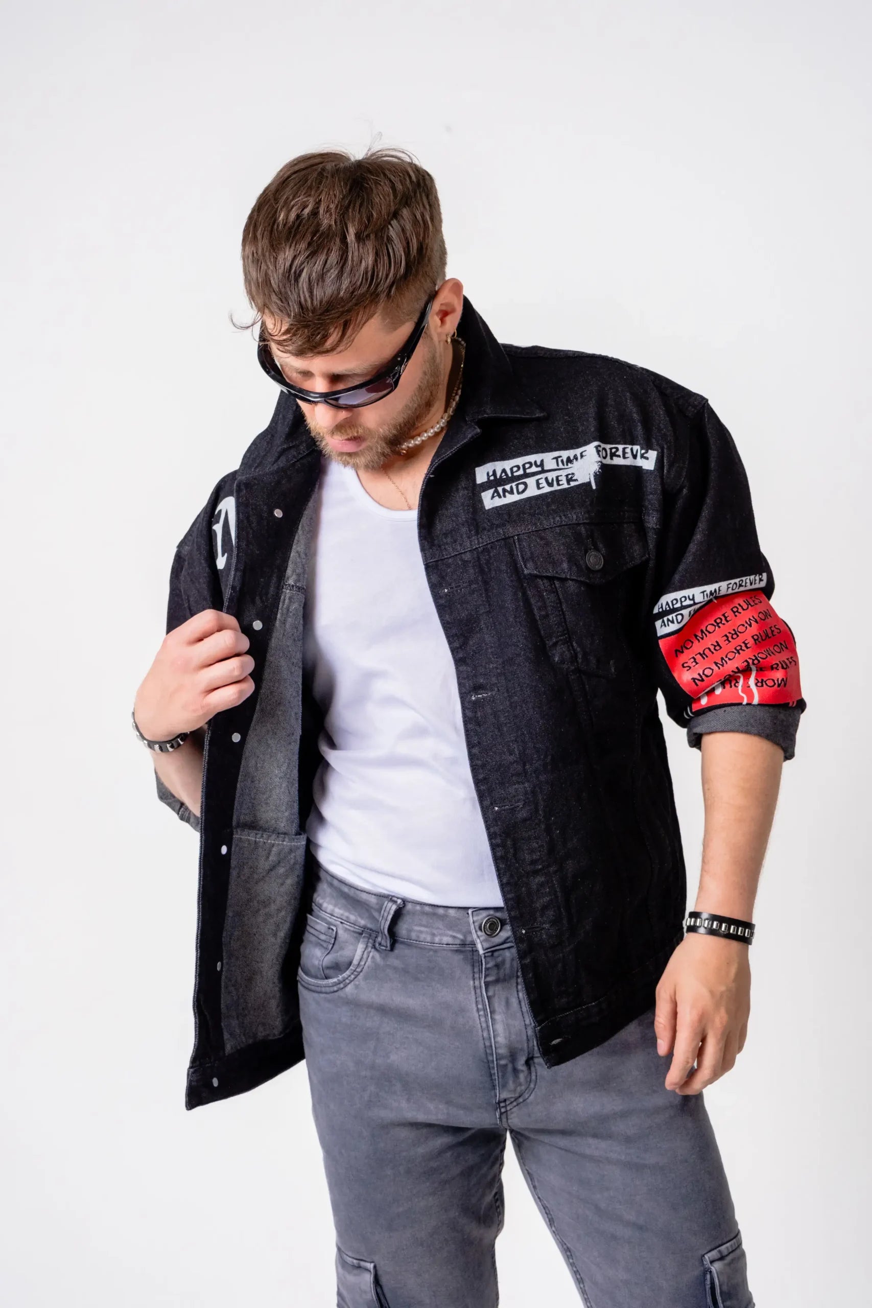Chaqueta Oversize Denim Negra “Unlimited” con Gráfico Backprint