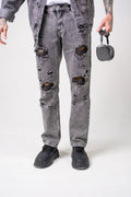 Jean gris claro rasgado para hombre - corte recto urbano