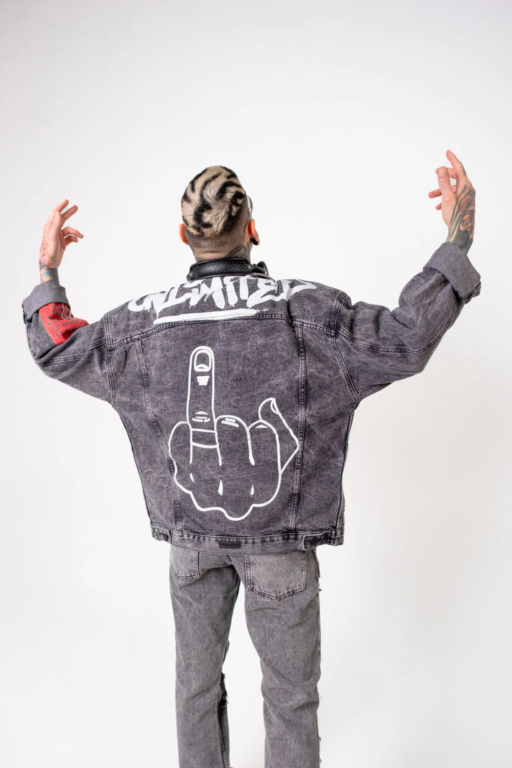Chaqueta Oversize Denim Gris “Unlimited” con Gráfico Backprint