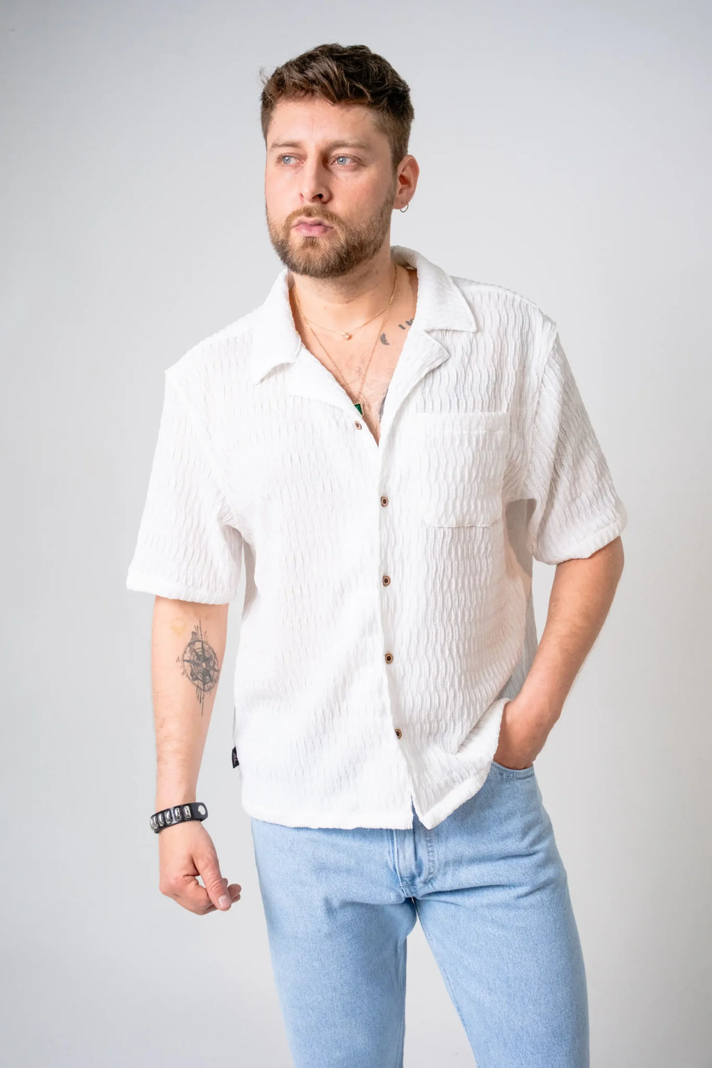 Camisa Relax Fit Blanca Textura Rústica