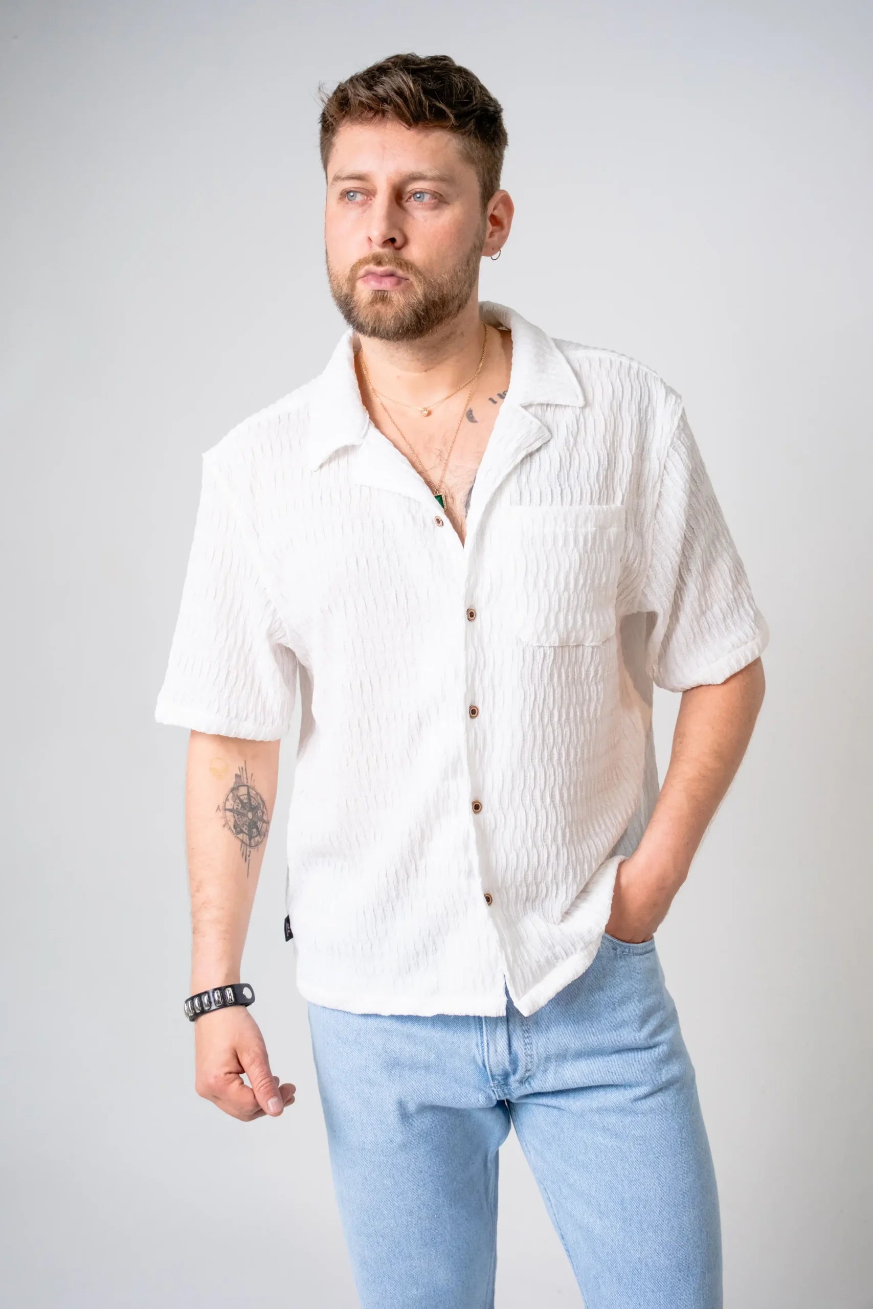 Camisa Relax Fit Blanca Textura Rústica