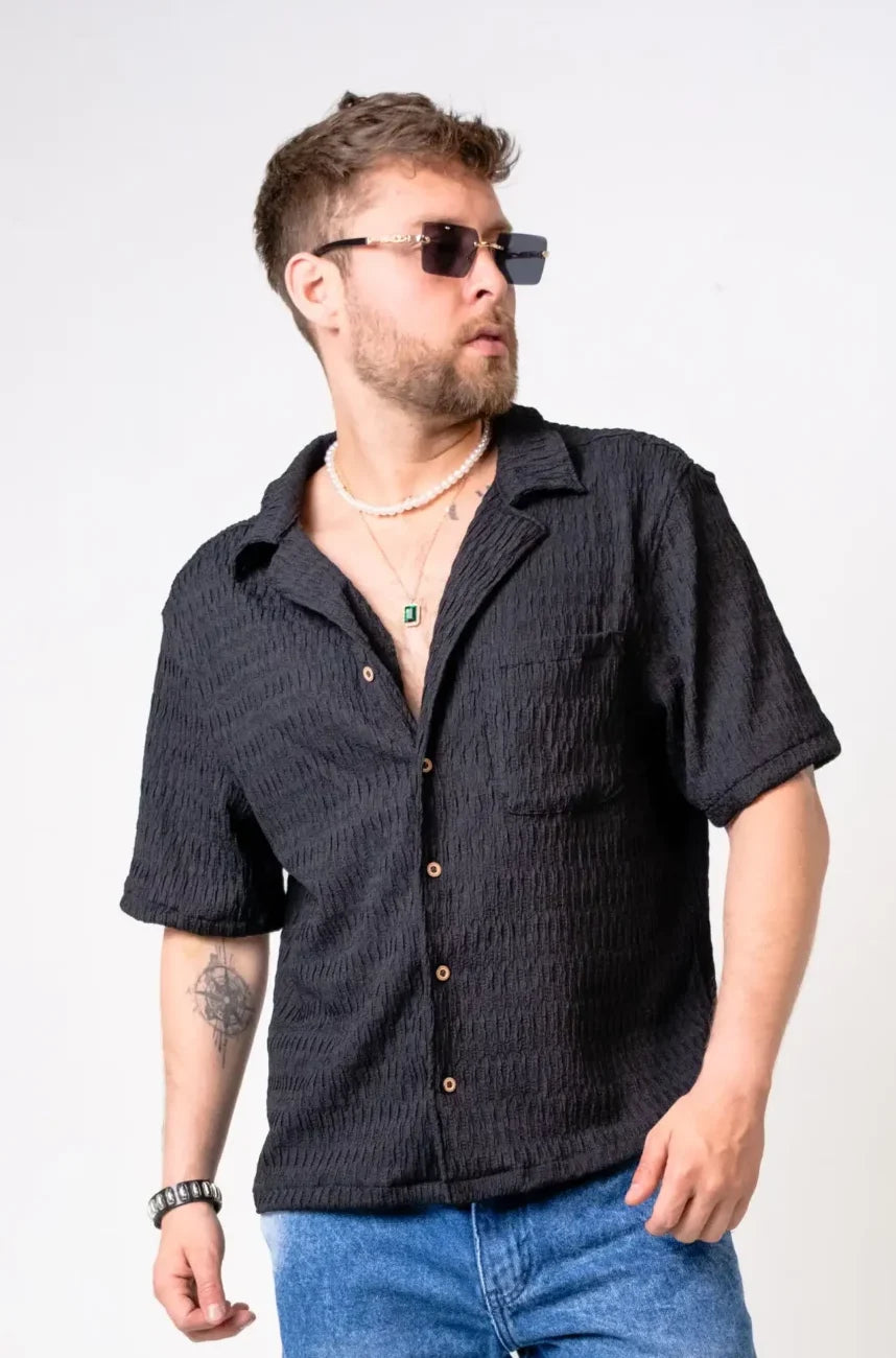 Camisa Relax Fit  negra textura Rústica