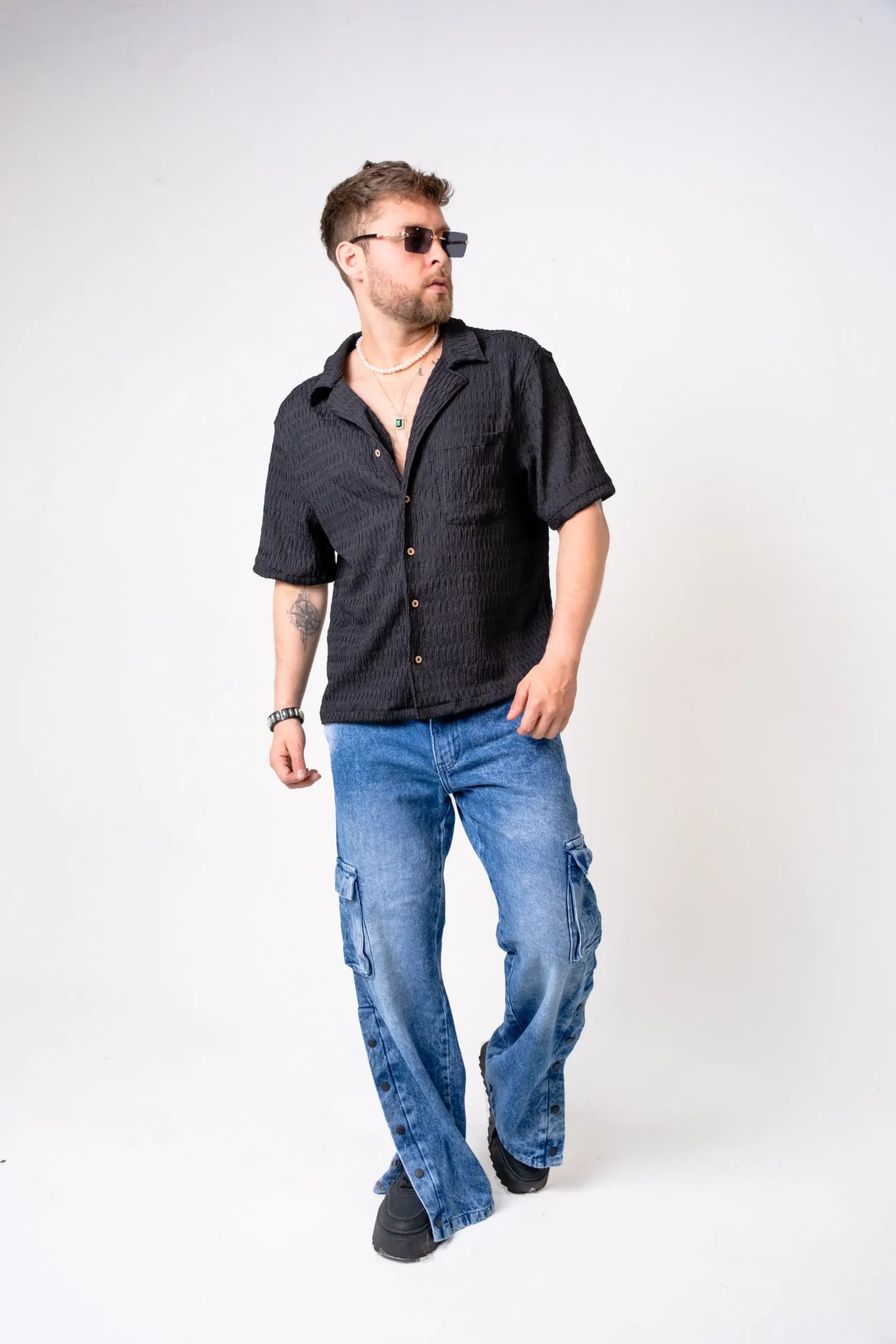 Camisa Relax Fit  negra textura Rústica