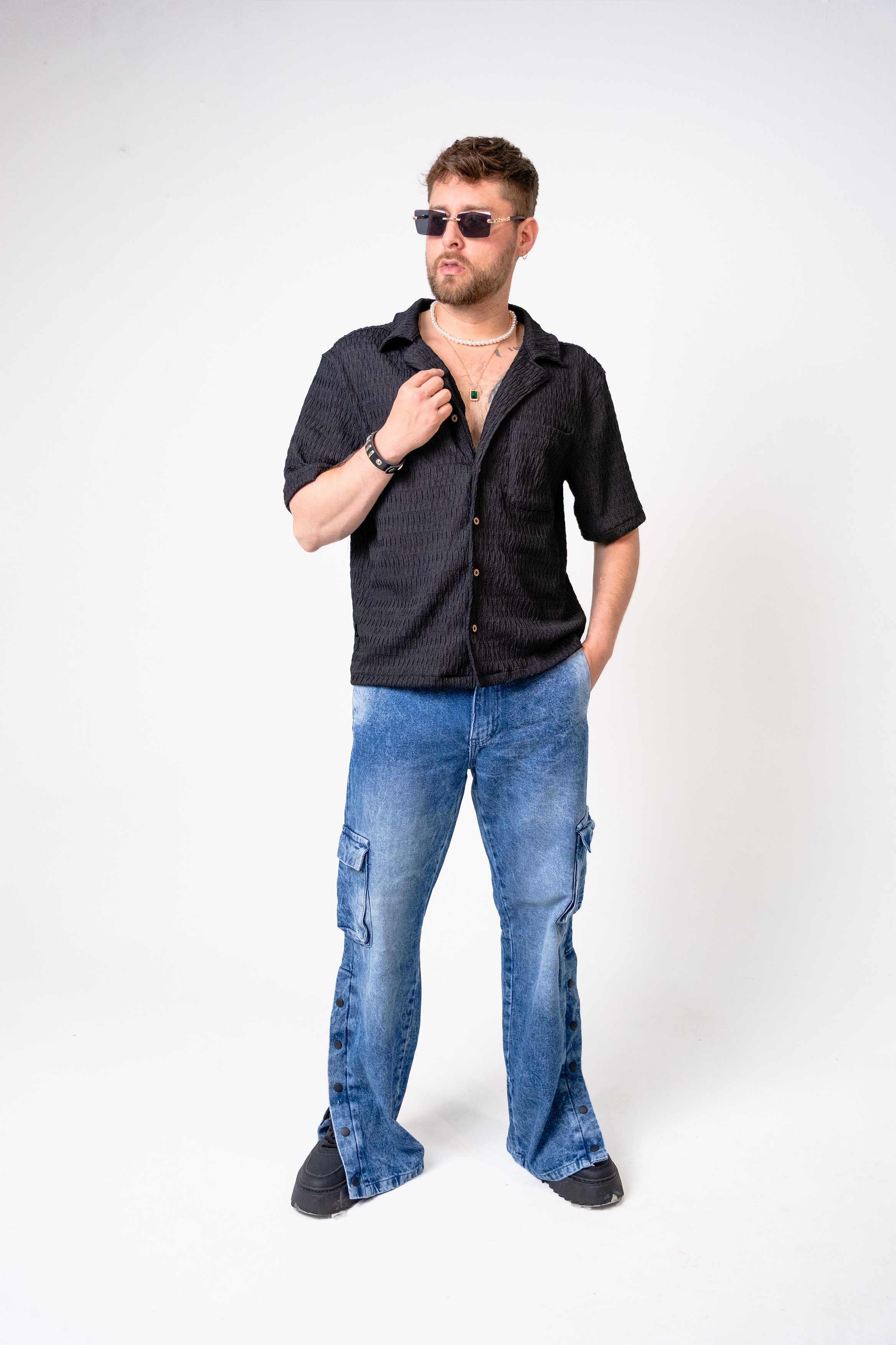 Jean Cargo para Hombre con Botones Laterales - Pantalón Denim Azul Lavado Baggy Estilo Urbano