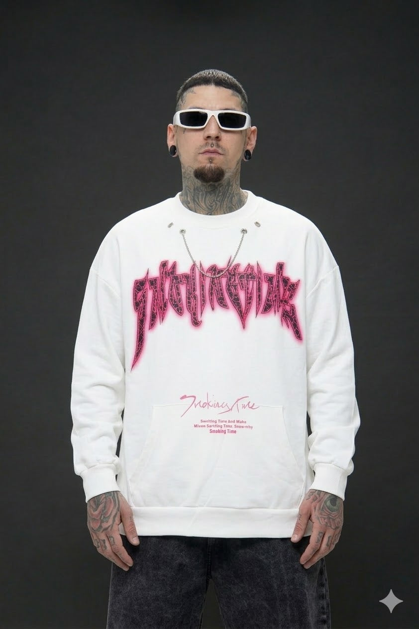 Buzo Blanco "Cyber-Punk Chain" – Sudadera Oversize