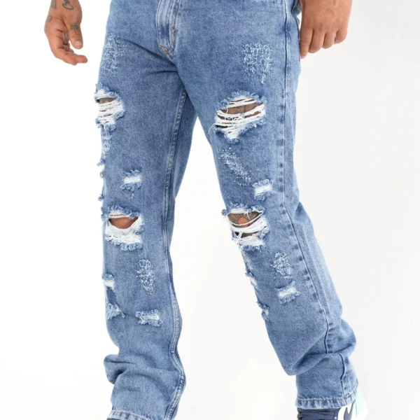 Jeans Rasgados Azul medio Estilo Streetwear con Cadena Decorativa