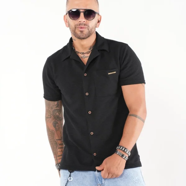 Camisa negra Manga Corta Tejido Waffle - Estilo Casual Urbano