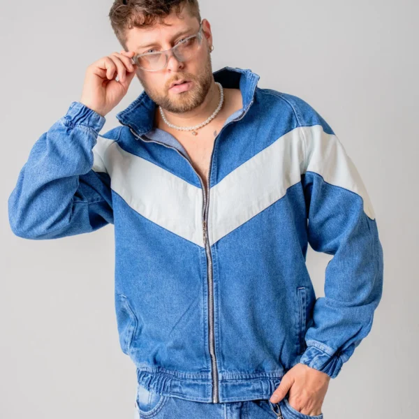 Chaqueta Deportiva Denim Bicolor Estilo Retro