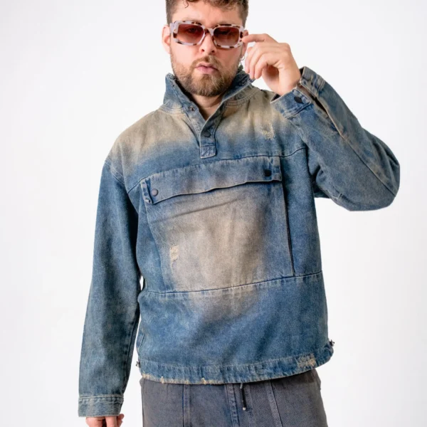 Anorak Denim Lavado con Bolsillo Frontal Vintage