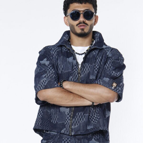 Camisa Jacquard Azul Índigo "Patchwork" - Zip-Up Boxy Fit