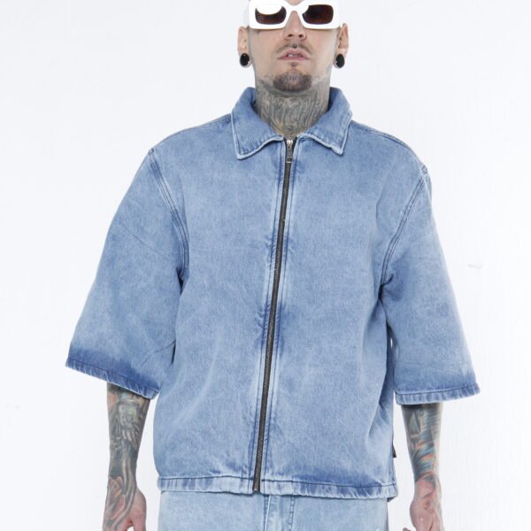 Camisa Denim Zip-Up Azul Vintage  - Work Shirt Oversized Lavada