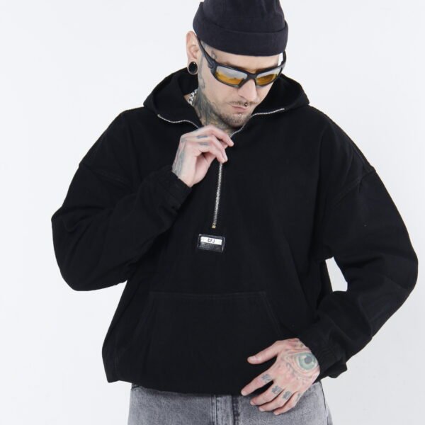 Hoodie Denim Half-Zip   - Chamarra Canguro Oversized