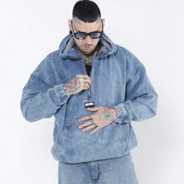 Hoodie Denim Half-Zip Azul Vintage - Anorak Canguro Stone Wash